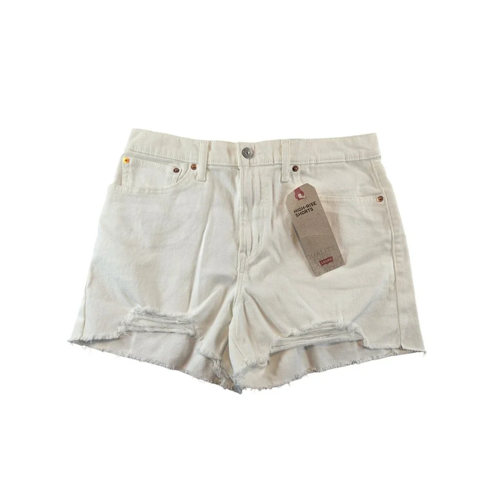 Levis High-Rise Shorts Womens 12 W31 White Denim Distressed Raw Hem 728780022